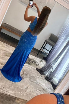 Blue Hollow-out One Shoulder Sequin Prom Dress with Slit