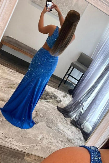 Blue Hollow-out One Shoulder Sequin Prom Dress with Slit