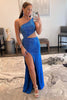 Load image into Gallery viewer, Blue Hollow-out One Shoulder Sequin Prom Dress with Slit