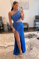 Load image into Gallery viewer, Blue Hollow-out One Shoulder Sequin Prom Dress with Slit