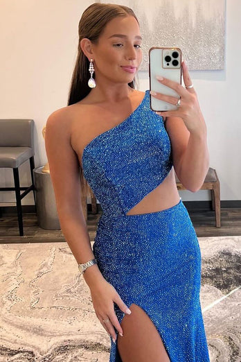 Blue Hollow-out One Shoulder Sequin Prom Dress with Slit