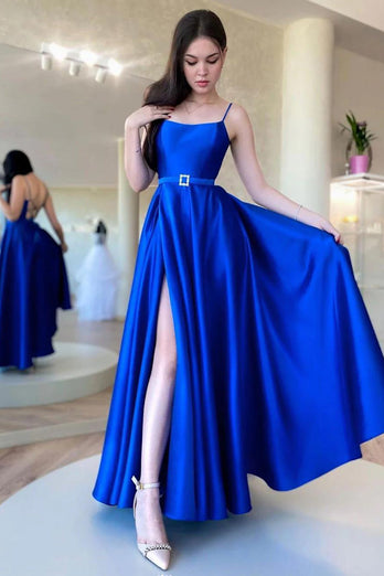 Royal Blue A Line Satin Prom Dress with Slit