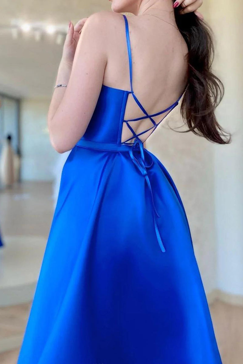 Load image into Gallery viewer, Royal Blue A Line Satin Prom Dress with Slit