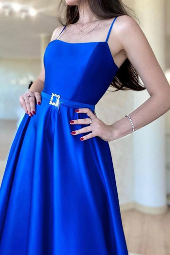 Royal Blue A Line Satin Prom Dress with Slit