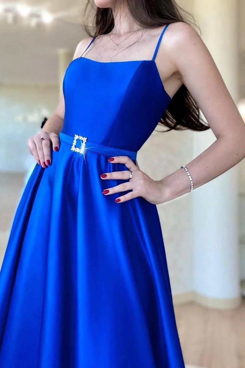 Load image into Gallery viewer, Royal Blue A Line Satin Prom Dress with Slit