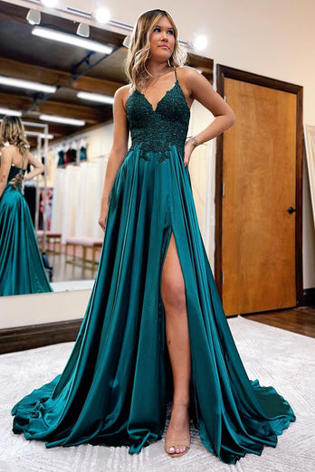 A Line Green Satin Beaded Prom Dress with Slit