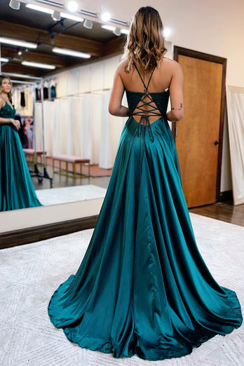 A Line Green Satin Beaded Prom Dress with Slit