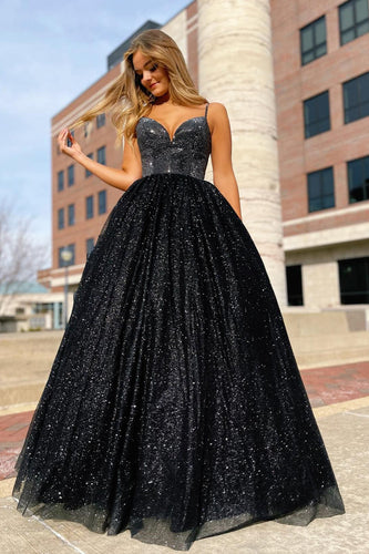Black Glitter A Line Princess Prom Dress with Beading