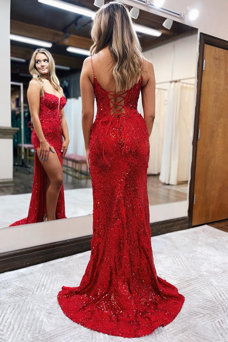 Load image into Gallery viewer, Red Sequins Mermaid Spaghetti Straps Long Prom Dress with Slit