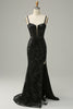 Load image into Gallery viewer, Mermaid Spaghetti Straps Black Sequins Long Prom Dress with Slit