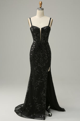 Mermaid Spaghetti Straps Black Sequins Long Prom Dress with Slit