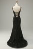 Load image into Gallery viewer, Mermaid Spaghetti Straps Black Sequins Long Prom Dress with Slit