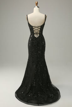 Mermaid Spaghetti Straps Black Sequins Long Prom Dress with Slit
