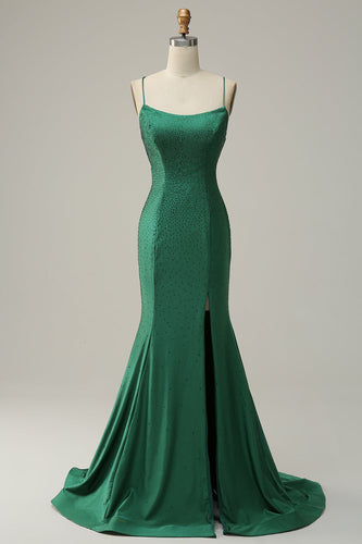 Dark Green Mermaid Spaghetti Straps Long Prom Dress with Beading