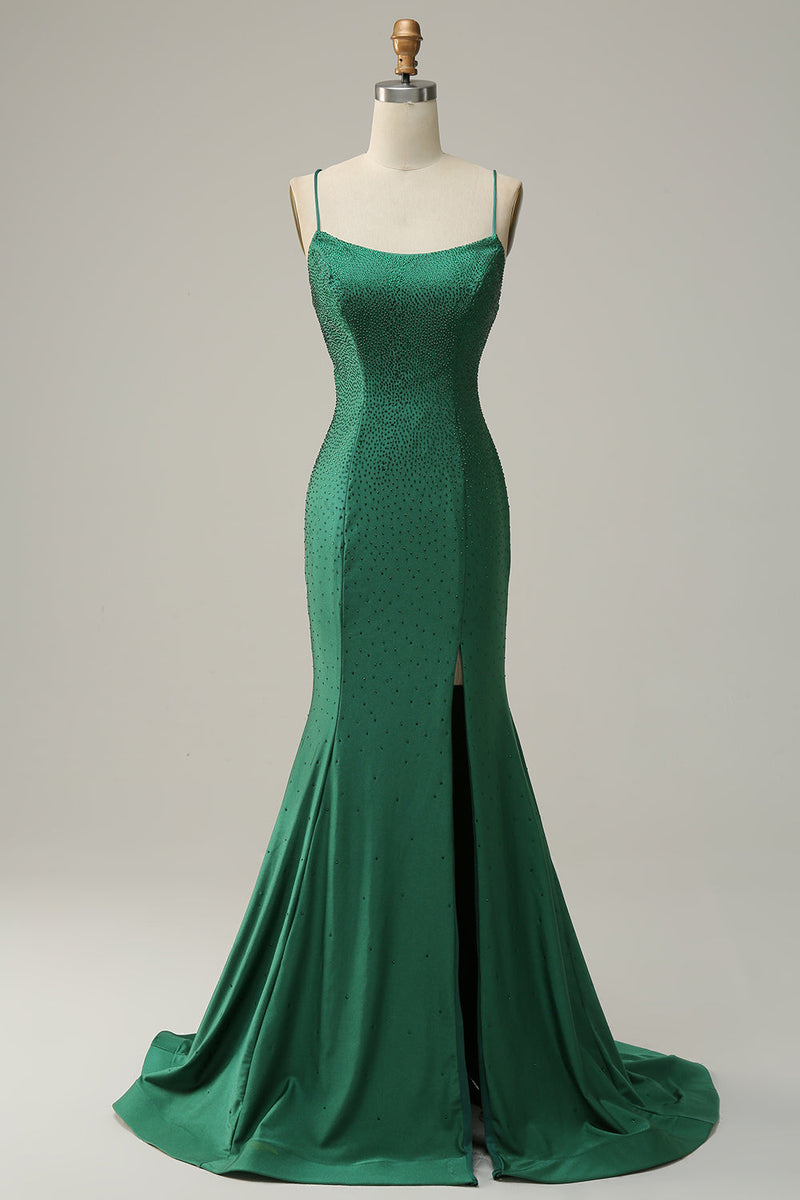Hellymoon Women Dark Green Long Prom Dress Mermaid Spaghetti Straps Formal Dress with Beading hellymoonuk
