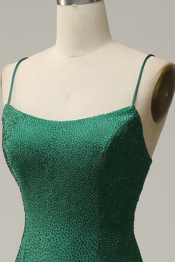 Dark Green Mermaid Spaghetti Straps Long Prom Dress with Beading