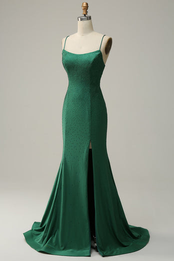 Dark Green Mermaid Spaghetti Straps Long Prom Dress with Beading