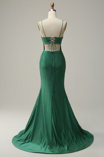 Dark Green Mermaid Spaghetti Straps Long Prom Dress with Beading