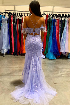 Lavender Off the Shoulder Corset Prom Dress with Appliques