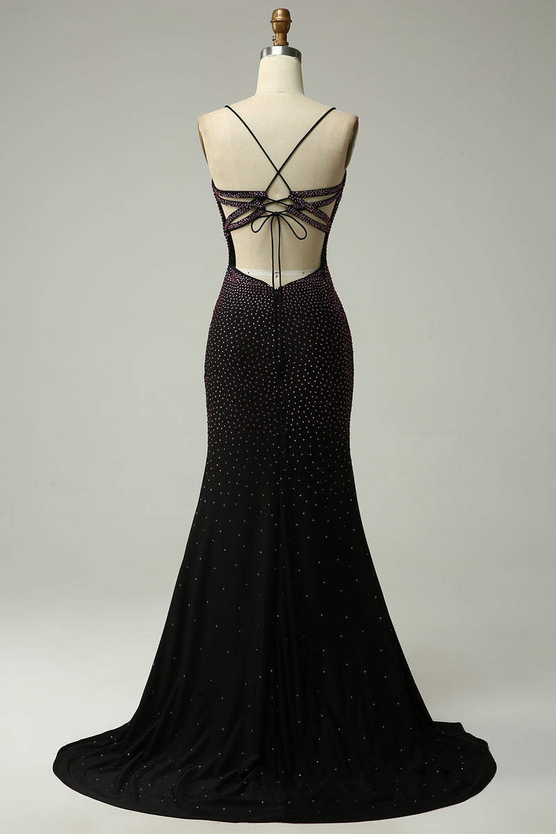 Load image into Gallery viewer, Beading Dark Purple Mermaid Prom Dress with Slit