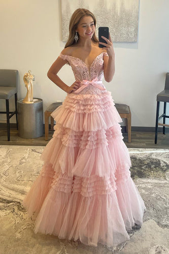 Pink Layered Off the Shoulder Princess Prom Dress with Beading