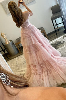 Pink Layered Off the Shoulder Princess Prom Dress with Beading