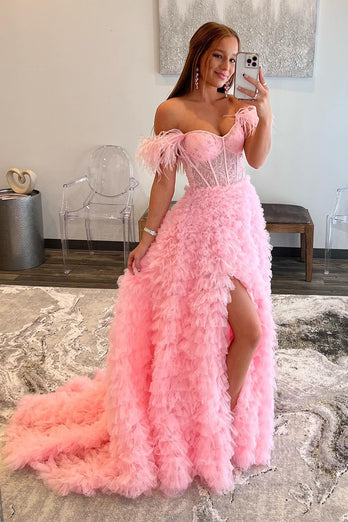 Off the Shoulder Princess Prom Dress with Feathers