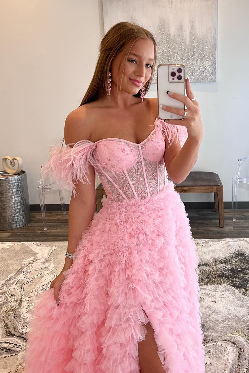 Load image into Gallery viewer, Off the Shoulder Princess Prom Dress with Feathers
