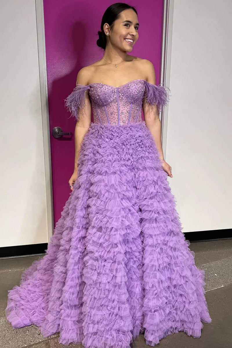 Load image into Gallery viewer, Off the Shoulder Princess Prom Dress with Feathers