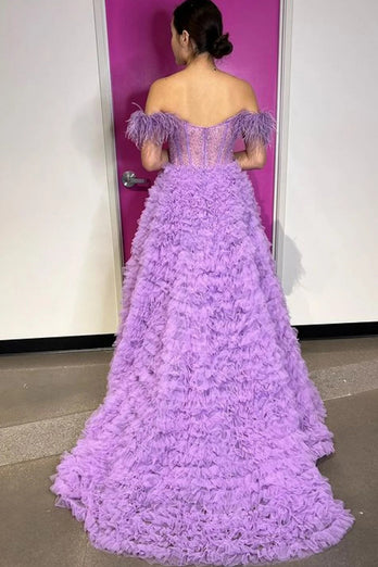 Off the Shoulder Princess Prom Dress with Feathers