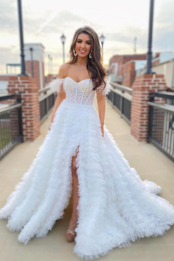 Off the Shoulder Princess Prom Dress with Feathers