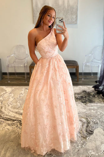 One Shoulder Pink Princess Prom Dress with Beading Butterfly