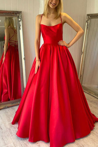 Spaghetti Straps A Line Satin Red Prom Dress with Pockets