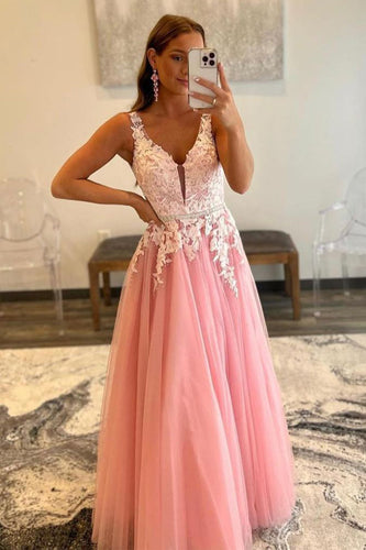 Pink A Line Tulle Prom Dress with Appliques