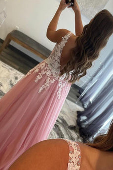 Pink A Line Tulle Prom Dress with Appliques