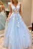 Load image into Gallery viewer, Light Blue Tulle A Line Princess Prom Dress with Appliques