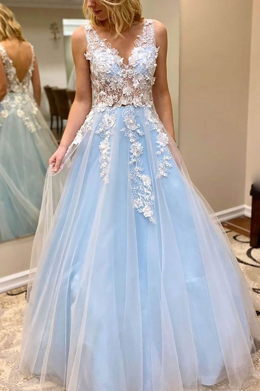 Light Blue Tulle A Line Princess Prom Dress with Appliques