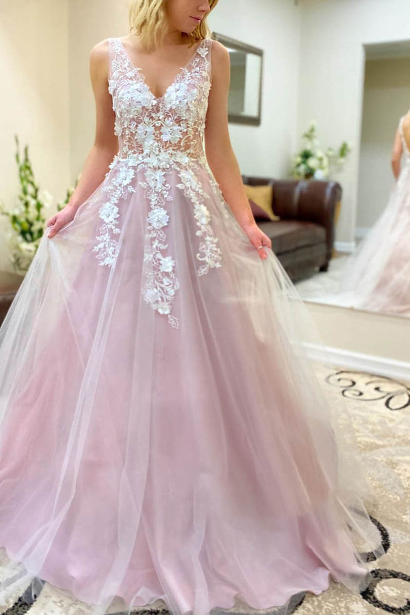 Load image into Gallery viewer, Light Blue Tulle A Line Princess Prom Dress with Appliques