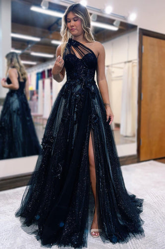 A Line Tulle One Shoulder Black Corset Prom Dress with Beading