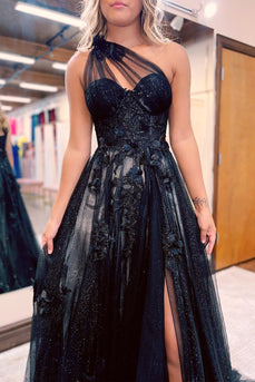 A Line Tulle One Shoulder Black Corset Prom Dress with Beading