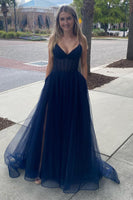 Load image into Gallery viewer, Navy A-Line Tulle Princess Prom Dress
