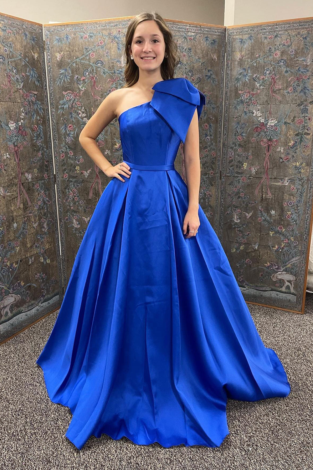 One Shoulder Royal Blue A Line Satin Prom Dress with Bow