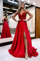 Load image into Gallery viewer, A Line Green Satin Beaded Prom Dress with Slit