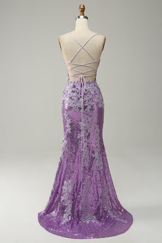 Sequin Purple Glitter Mermaid Prom Dress with Appliques