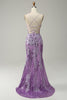 Load image into Gallery viewer, Mermaid Spaghetti Straps Purple Long Prom Dress with Appliques
