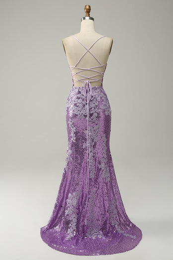 Mermaid Spaghetti Straps Purple Long Prom Dress with Appliques