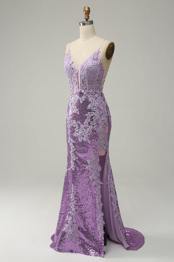 Sequin Purple Glitter Mermaid Prom Dress with Appliques