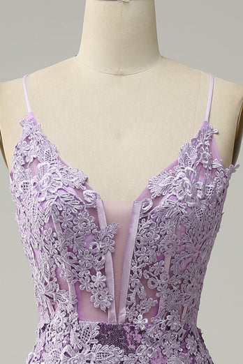 Sequin Purple Glitter Mermaid Prom Dress with Appliques