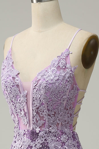 Sequin Purple Glitter Mermaid Prom Dress with Appliques