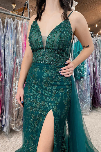 Dark Green Sequins Mermaid Prom Dress with Slit